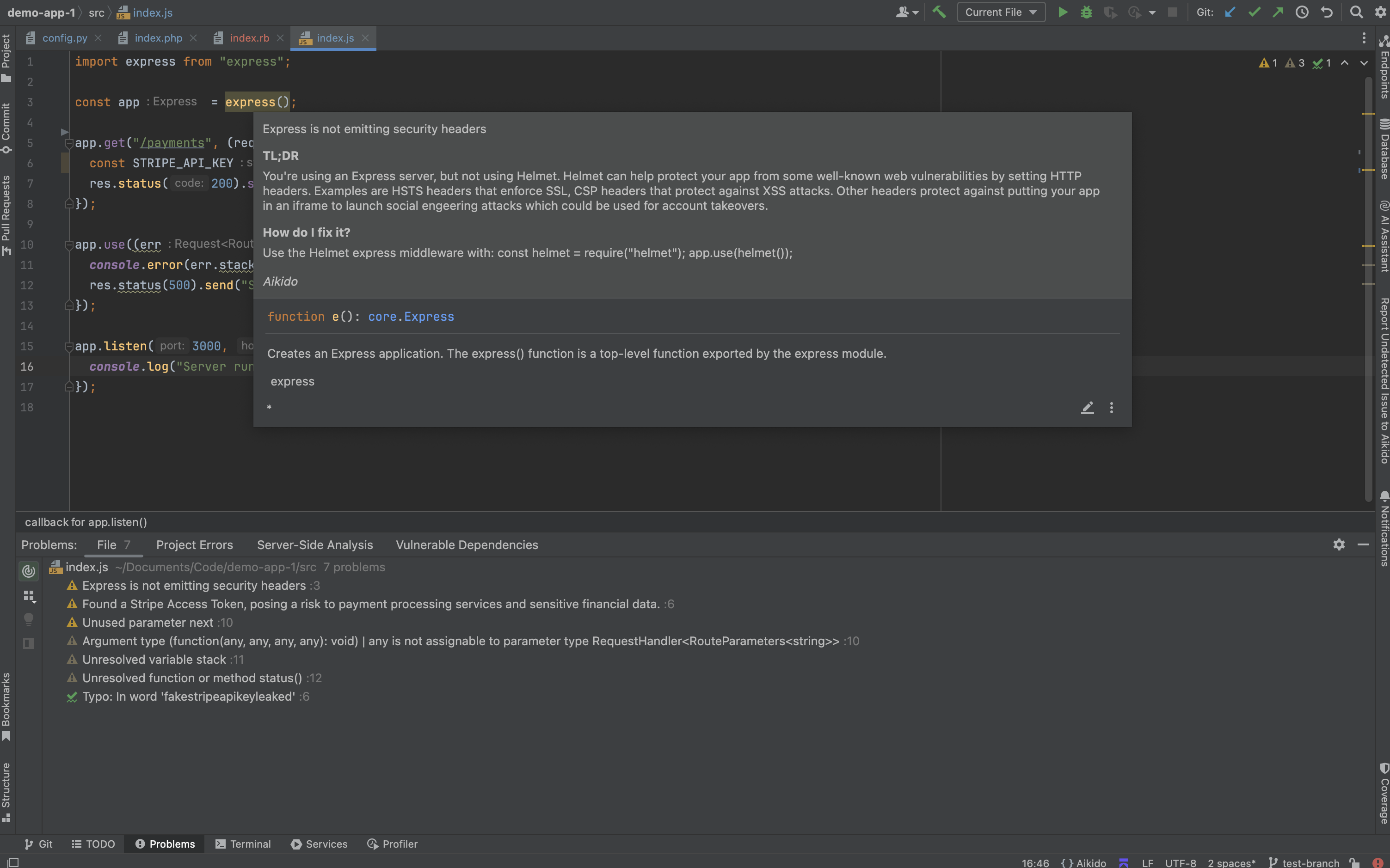 Express.jsアプリケーションでセキュリティヘッダーの欠落など、セキュリティ警告をハイライト表示するコードエディタ。