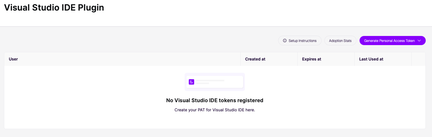 登録されたトークンがない状態と、新しいPATを生成するオプションを示すVisual Studio IDEプラグインページ。