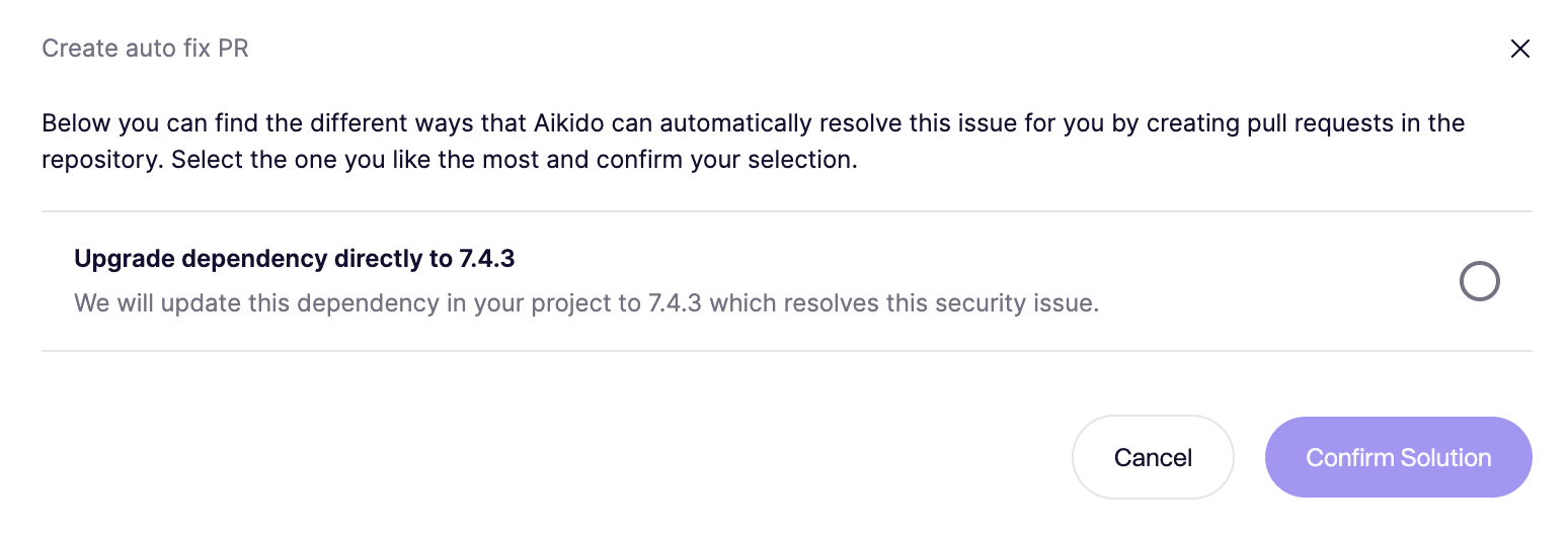 自動プルリクエストによるセキュリティ問題を解決するための依存関係アップグレードプロンプト。