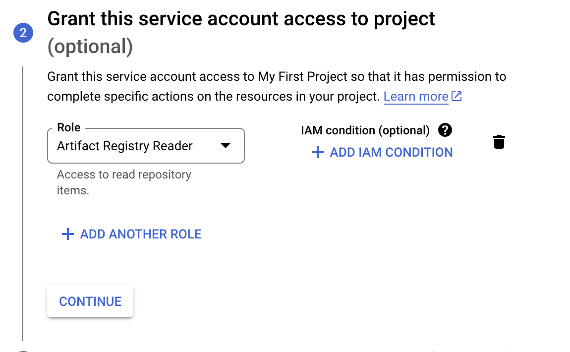 Google Cloudプロジェクトのサービスアカウントに「Artifact Registry Reader」ロールを割り当てる画面。