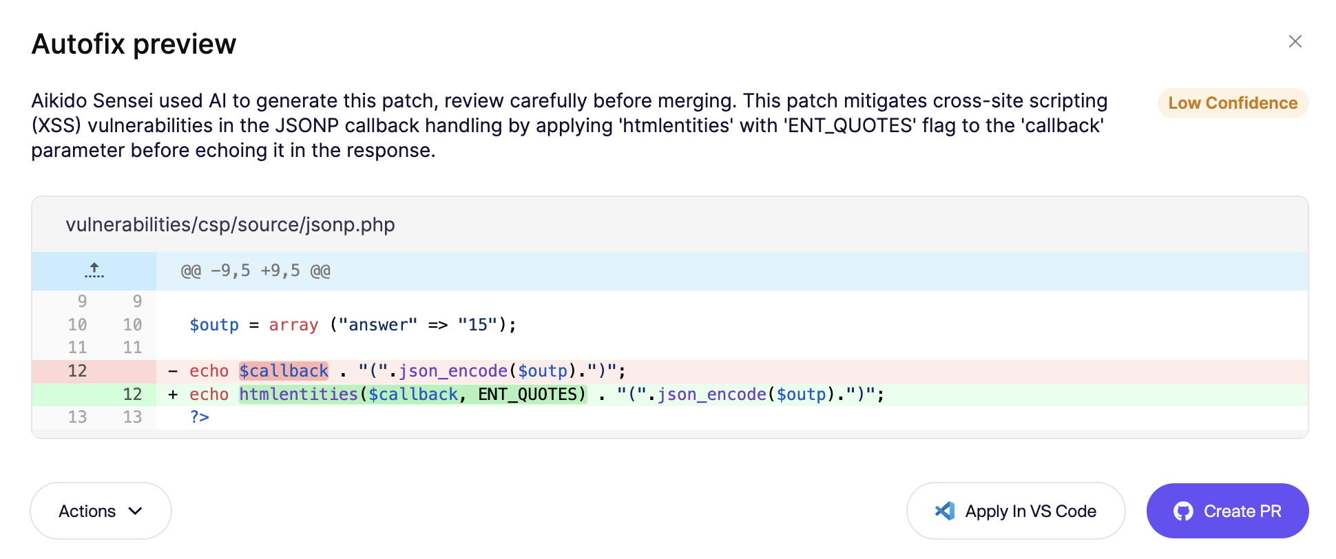 PHPコードのXSS脆弱性を緩和するため、コールバックをエスケープしてJSONPのセキュリティを強化するAI生成パッチ。