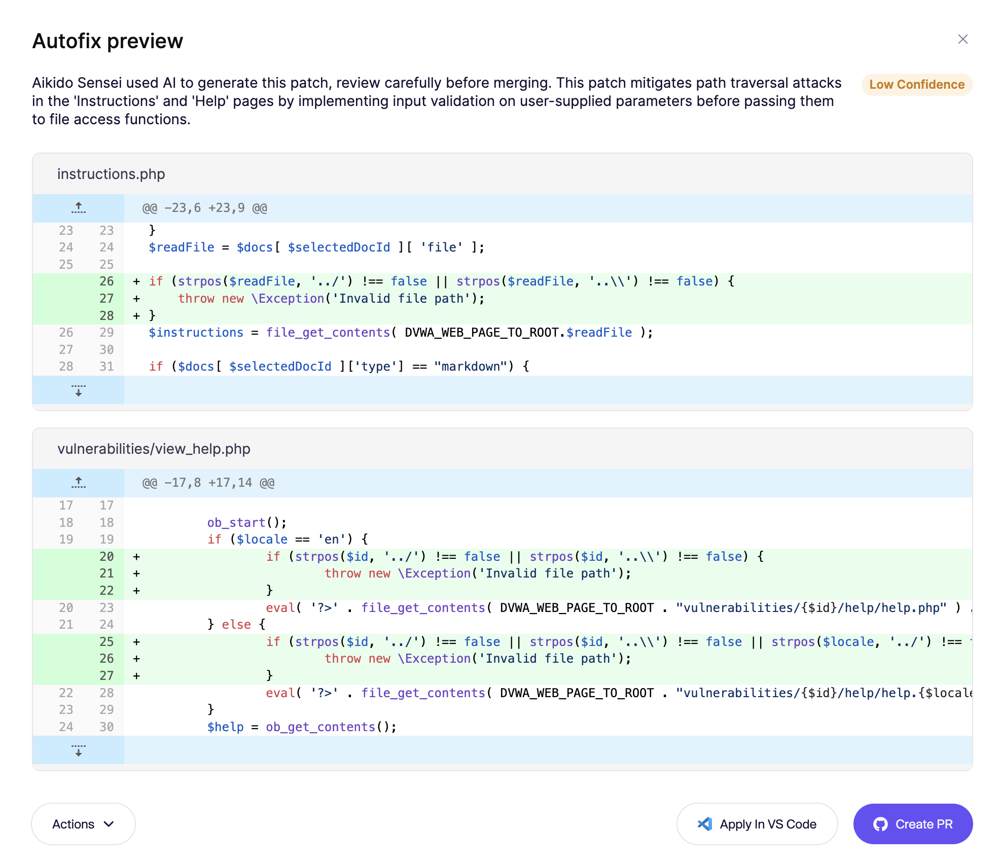 PHPファイルのパストラバーサル脆弱性を防ぐため、ファイルパスの検証を追加するコードパッチのプレビュー。