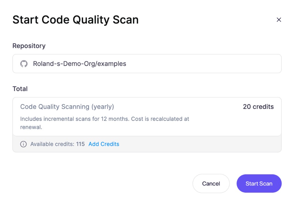 年間クレジット料金を示す Start Code Quality Scan モーダル