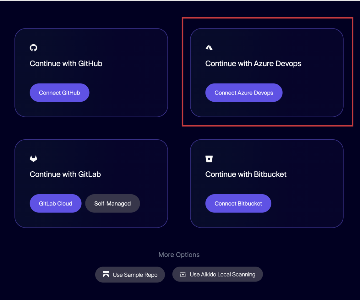 リポジトリ連携オプション: GitHub、Azure DevOps、GitLab、Bitbucketのいずれかで接続