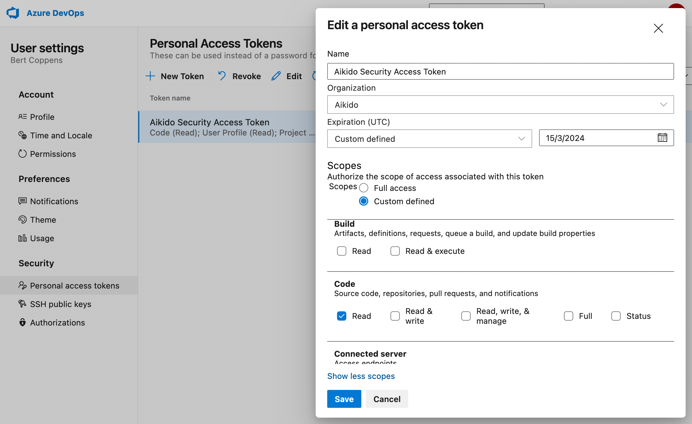カスタム定義したコードRead権限でAzure DevOpsパーソナルアクセストークンを編集する