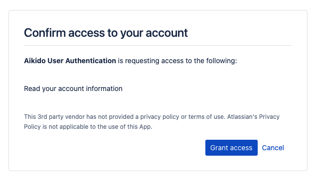 Aikido User Authentication によるアカウント情報へのアクセスリクエスト画面。許可またはキャンセルのオプションがある