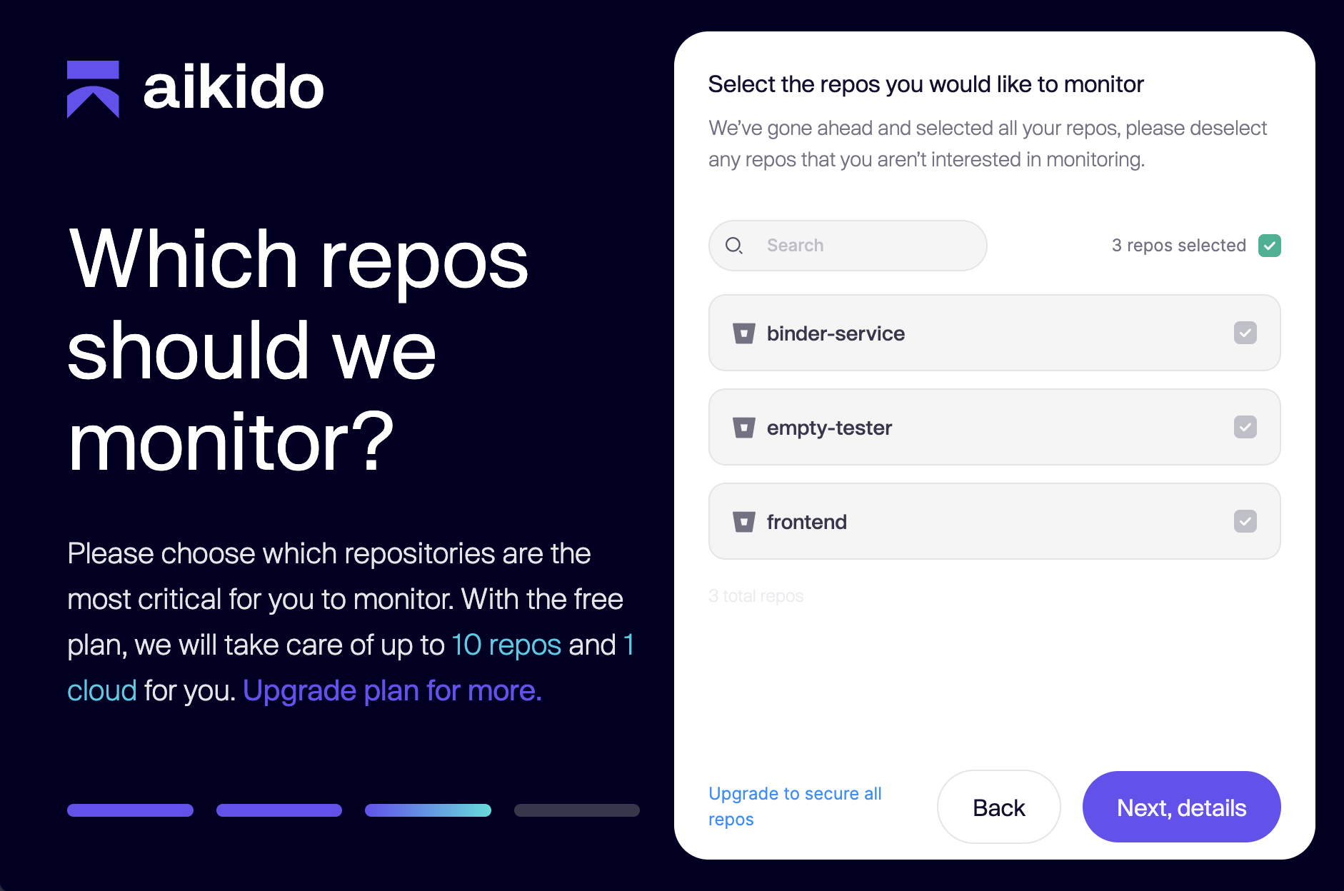 Aikidoの無料プランまたはアップグレードプランでセキュリティ監視するリポジトリを選択する画面