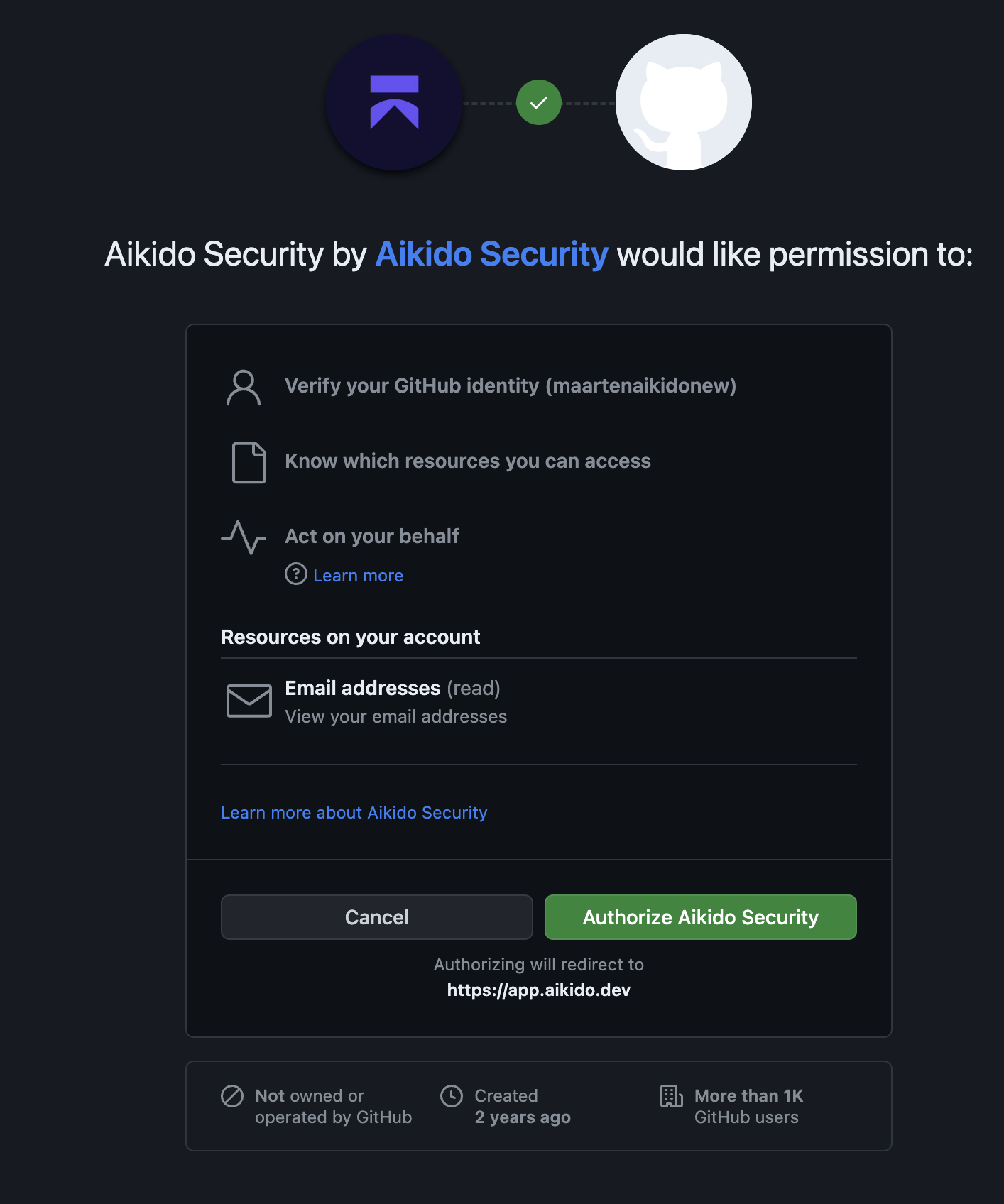 Aikido SecurityがGitHubにユーザーアイデンティティとメールアドレスへのアクセス許可をリクエストしている画面