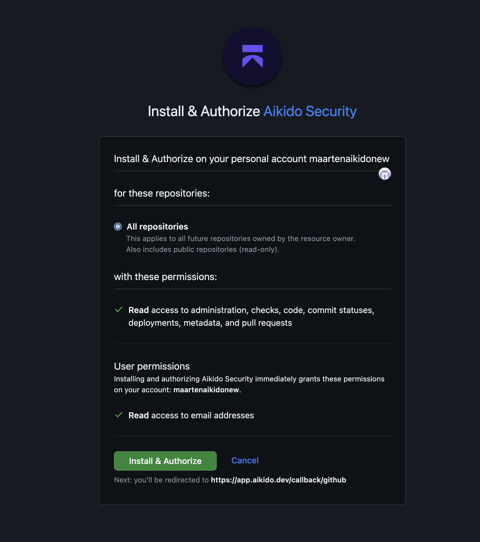 Aikido SecurityにGitHub上の全リポジトリへのアクセスとメールアドレスの読み取りを許可する画面