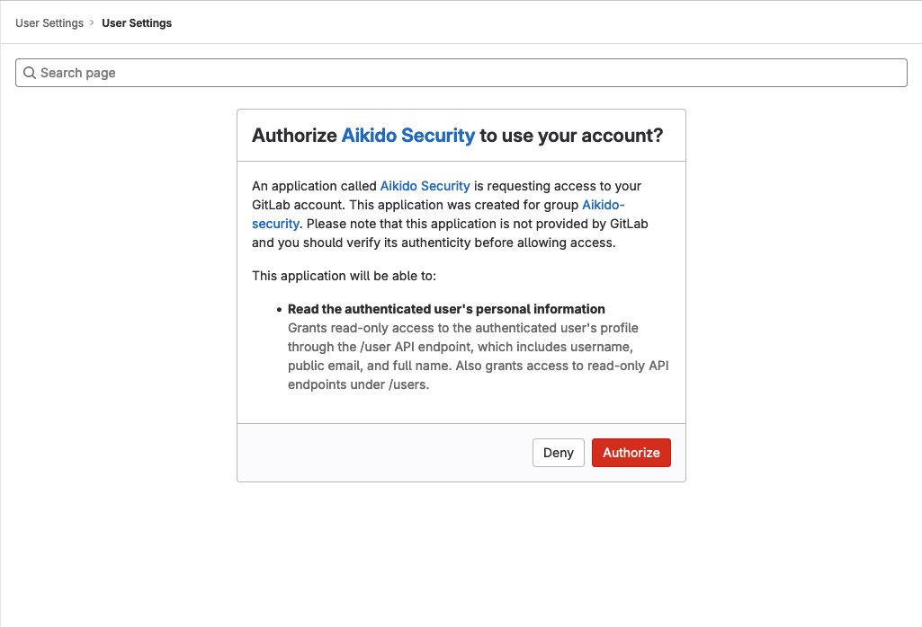 Aikido Securityが、GitLabアカウントの個人情報を読み取るアクセス許可を要求している画面。