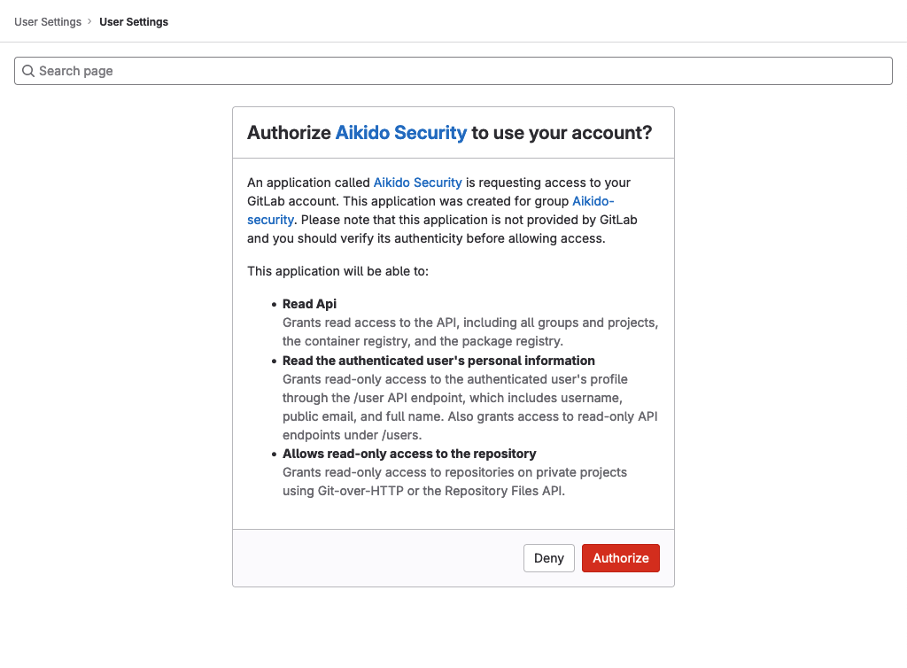 Aikido Securityが、GitLabの読み取りアクセスとユーザー情報の認可を要求している画面。