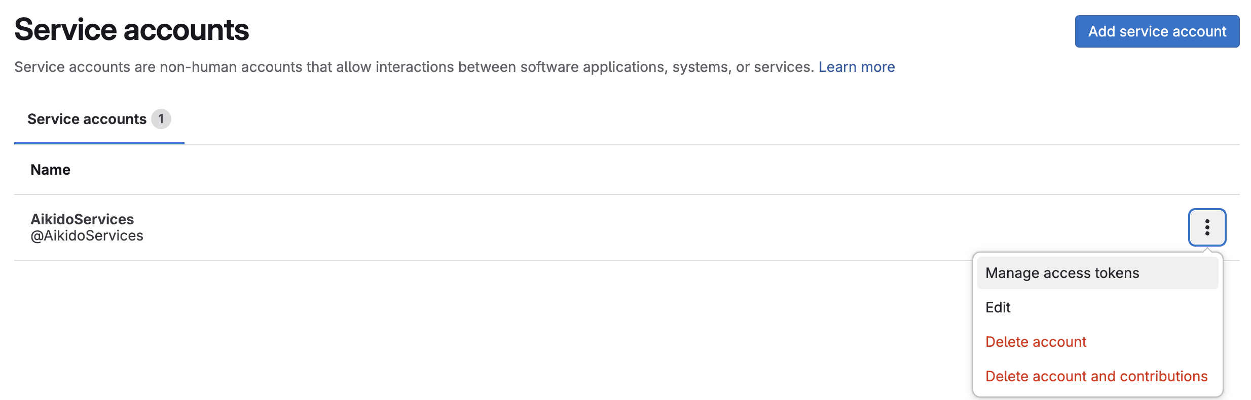 Gitlab Service Accountsの概要画面