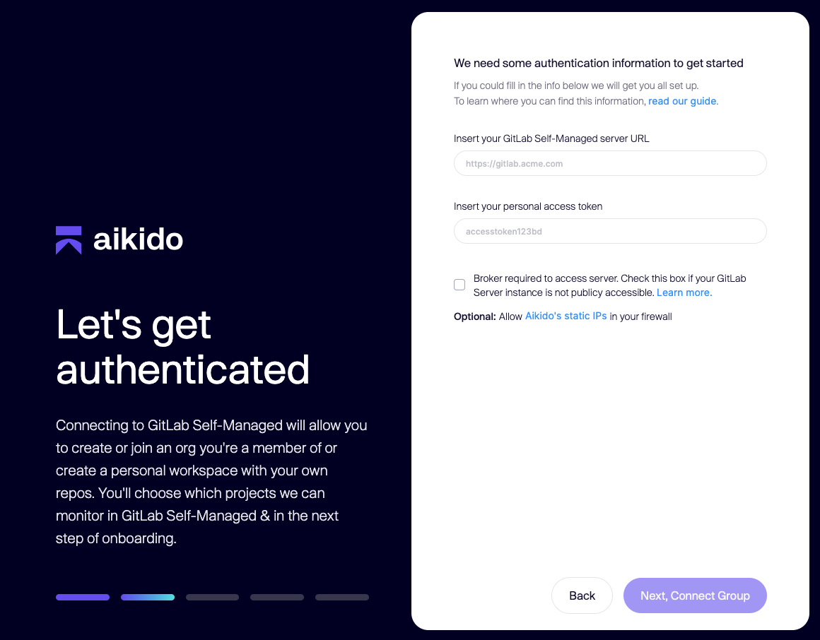 AikidoオンボーディングでGitLabセルフマネージドのURLとアクセストークンを入力して認証する。