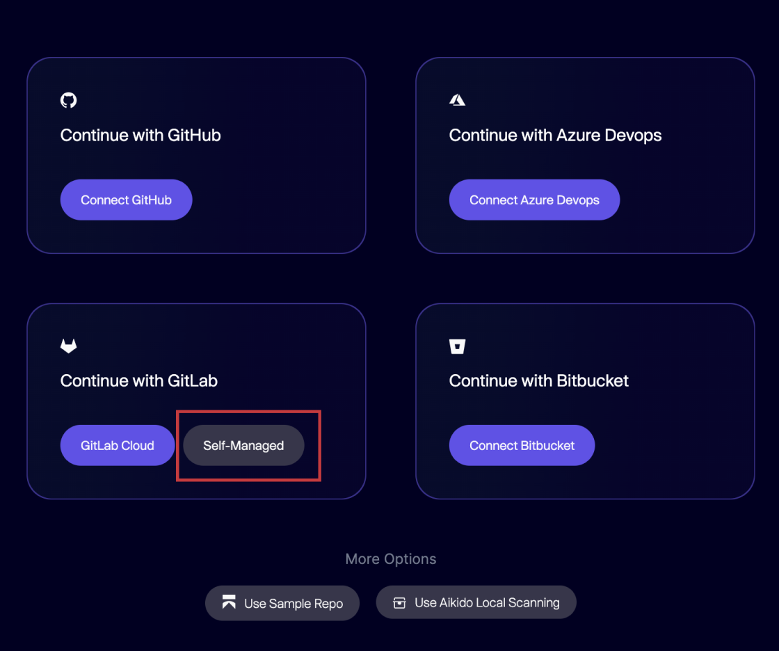 接続するソースコントロールプロバイダーを選択します: GitHub、Azure DevOps、GitLab、Bitbucket。