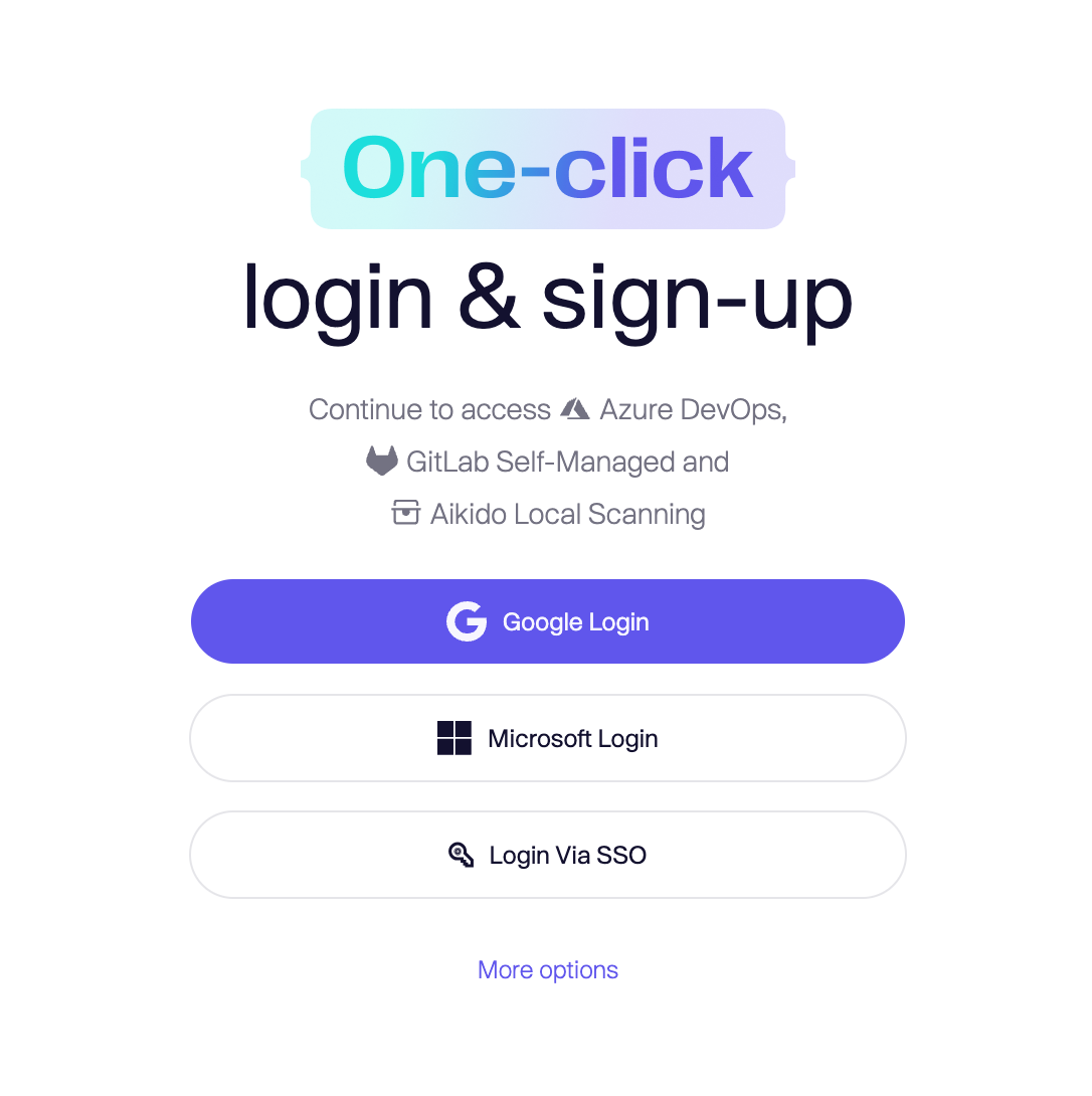 Azure DevOps、GitLab、Aikido Local Scanningへのワンクリックログイン・サインアップ画面。
