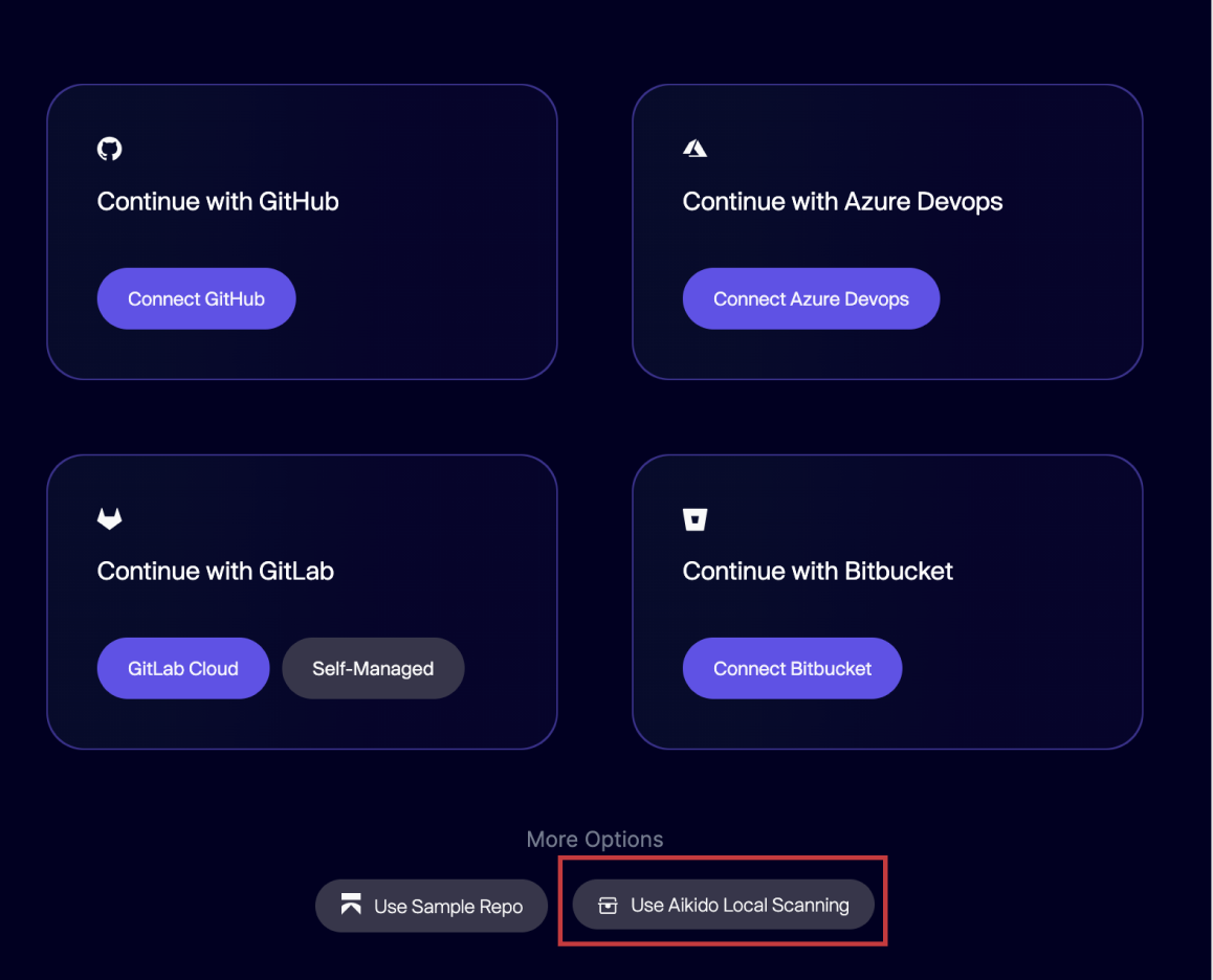 GitHub、Azure DevOps、GitLab、Bitbucket、またはAikido local scanningのリポジトリ接続オプション画面。