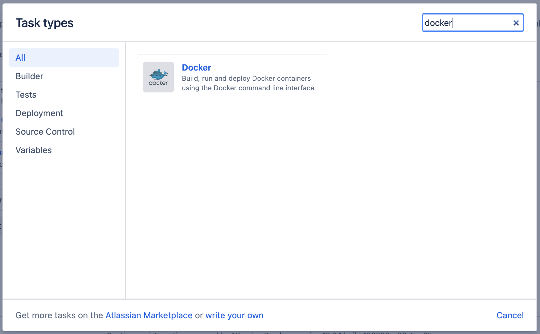 Atlassianインテグレーションのタスク選択画面でDockerタスクタイプを検索している画面