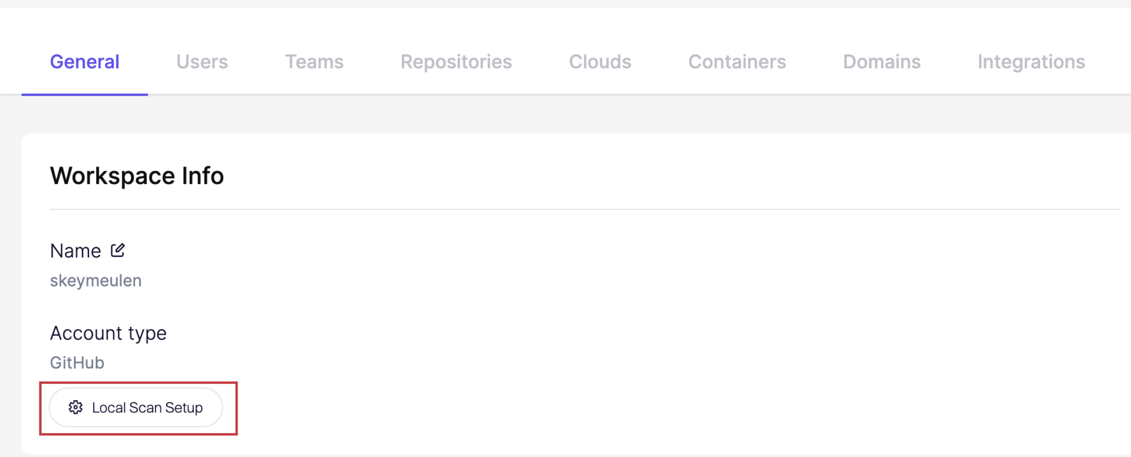 設定用に「Local Scan Setup」ボタンがハイライトされたWorkspace Infoページ
