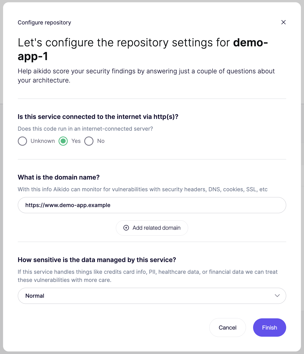 demo-app-1リポジトリのセキュリティ設定とドメイン詳細を設定する画面。