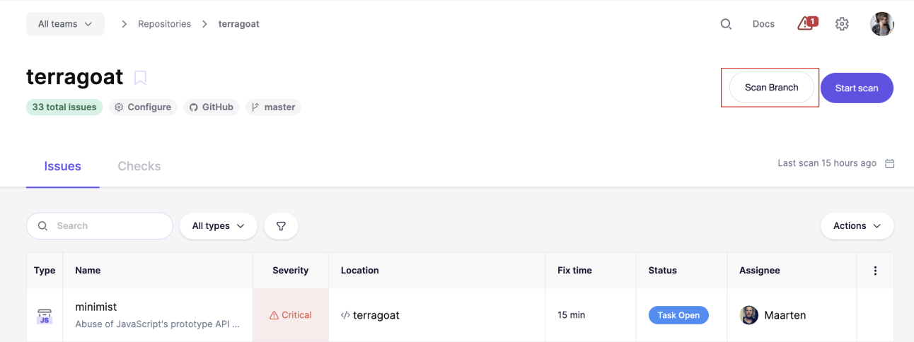 「terragoat」プロジェクトの重大なセキュリティ問題とスキャンオプションを表示するリポジトリダッシュボード。