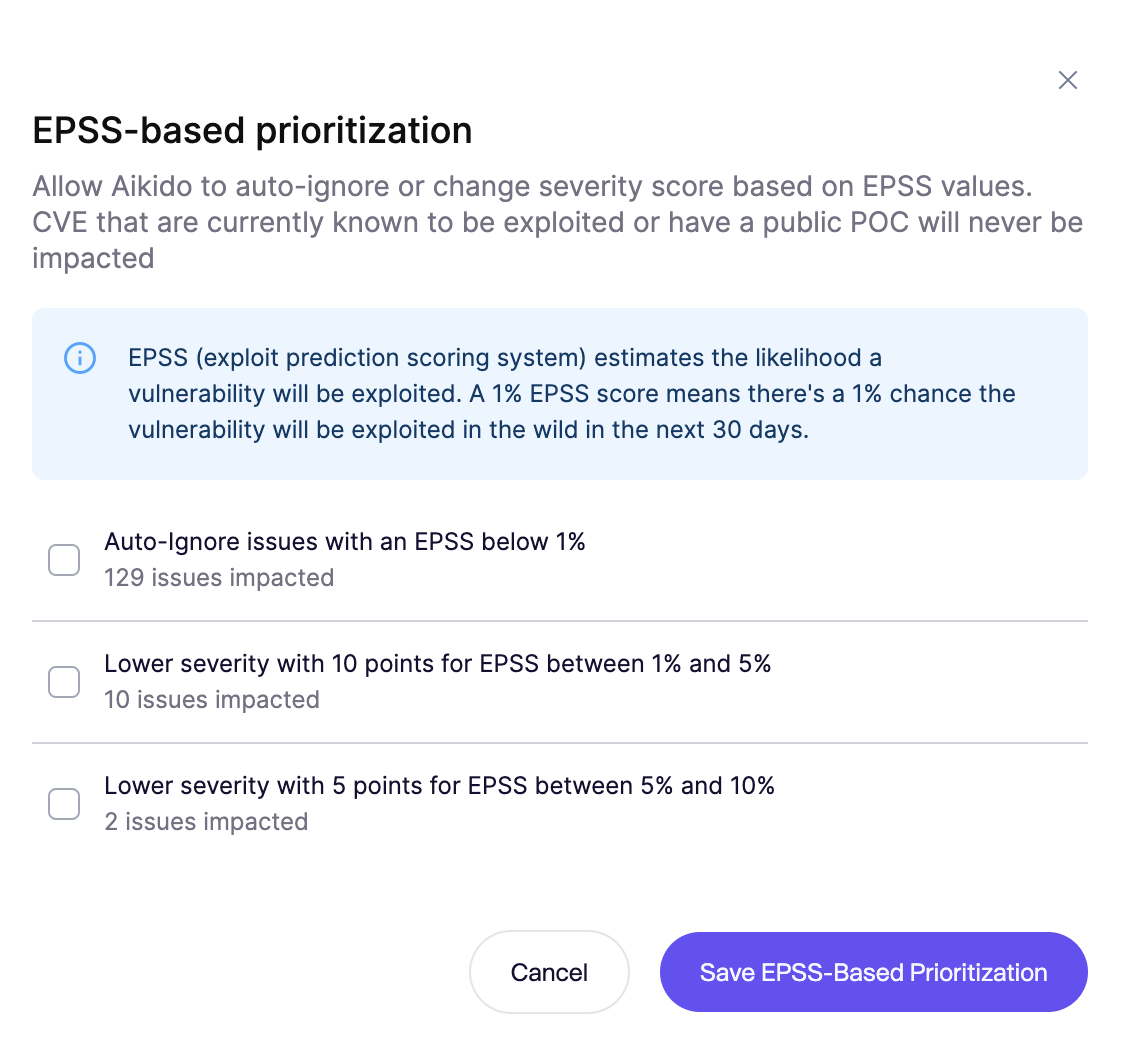 問題の自動無視と重要度調整のためのEPSSベースの脆弱性優先順位付けオプション。