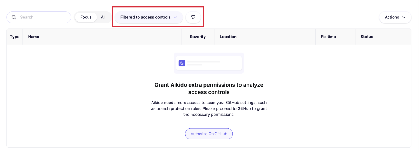 アクセス制御フィルタが有効になり、Aikidoが解析用の追加のGitHub権限を要求している画面。