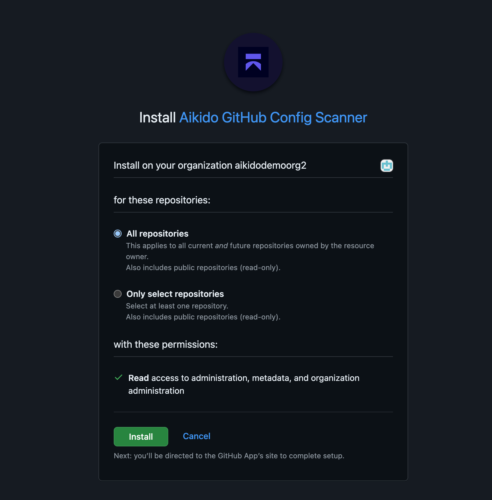 リポジトリおよび組織の読み取りアクセス権でAikido GitHub Config Scannerをインストールしている画面。