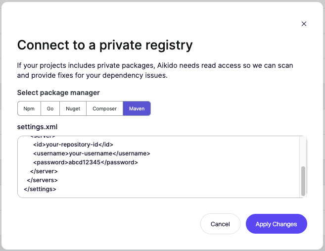 settings.xml設定スニペットを用いたMaven用プライベートレジストリ接続のセットアップ。