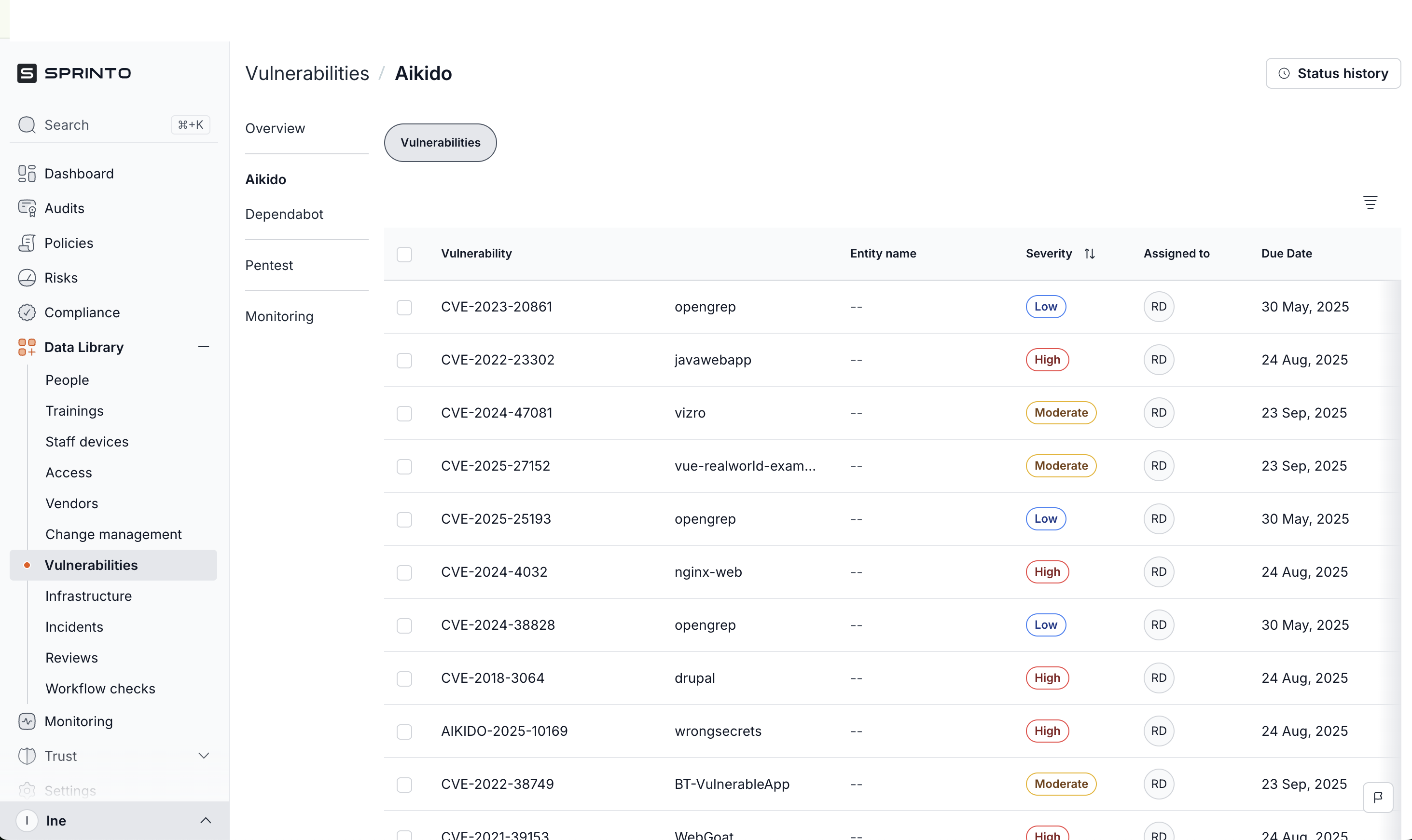 Sprinto連携が接続され、AikidoからのVulnerabilityデータの同期準備が整った状態。