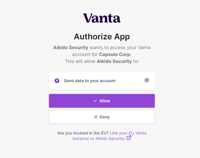 Aikido Security アカウントへのアクセスを許可する Vanta アプリ認可画面。