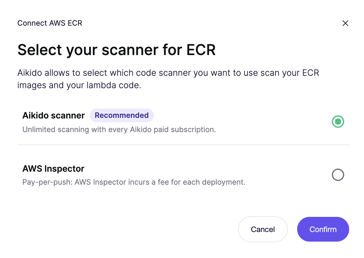 AWS ECR用のスキャナーを選択：Aikido（推奨）またはAWS Inspector。