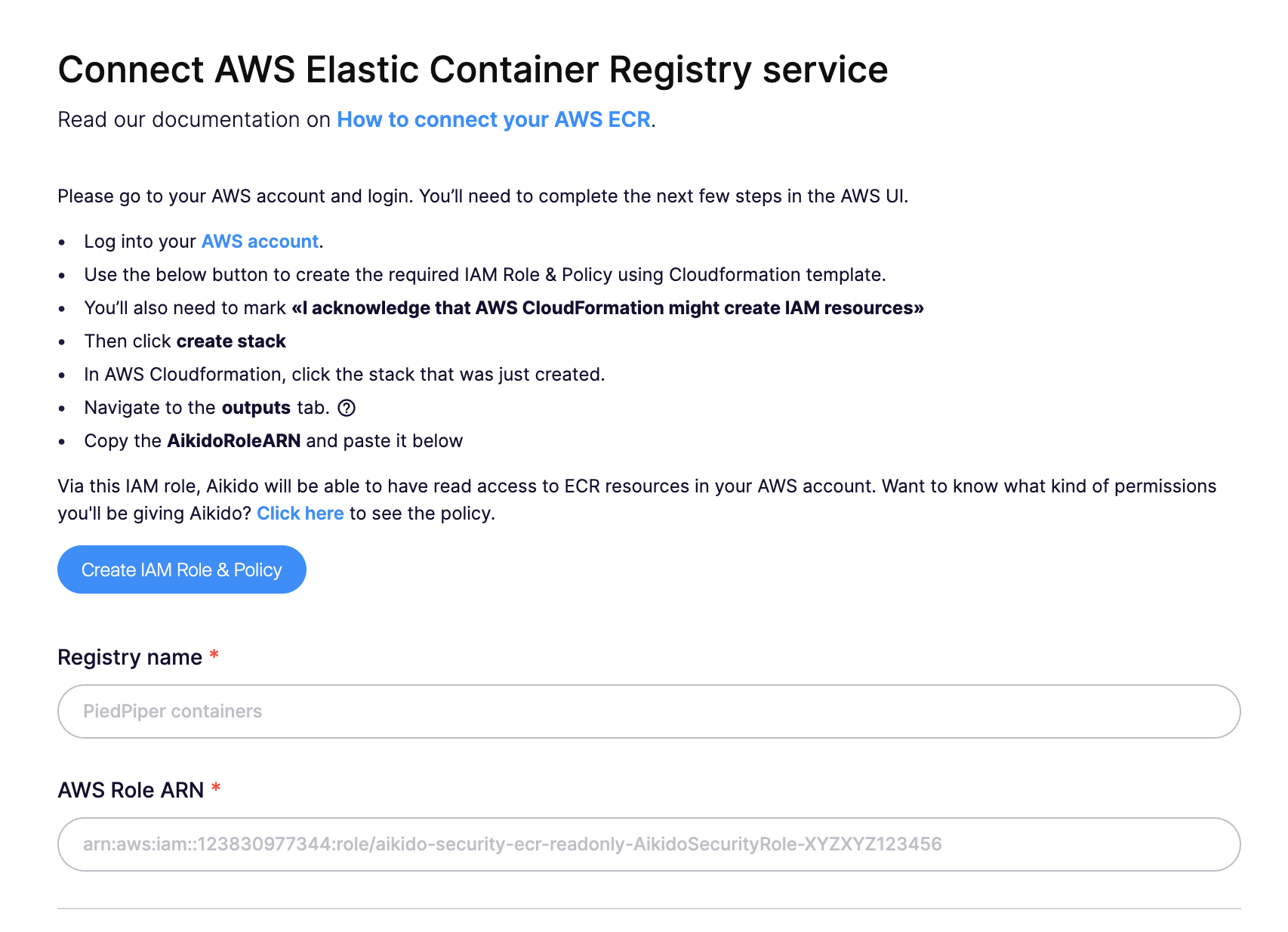 IAMロールを使用してAWS Elastic Container RegistryをAikidoに接続するための手順とフォーム。