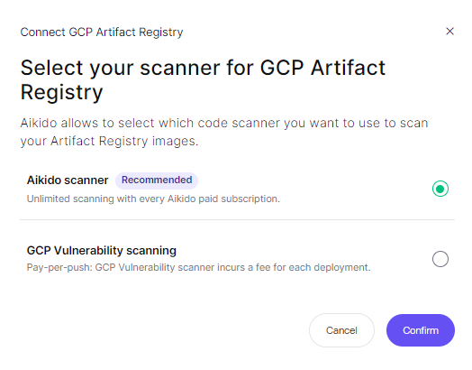 GCP Artifact Registry用のスキャナー選択画面。AikidoまたはGCP脆弱性スキャンを選択できる。