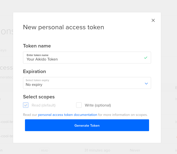 スコープと有効期限のオプションを含む、新しい Personal Access Token を作成するフォーム。