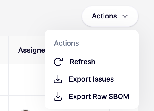 データの更新、issueまたはraw SBOMファイルのエクスポートを行うドロップダウンメニュー。