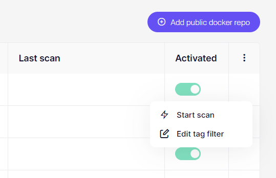Dockerリポジトリ管理画面。タグフィルターの追加、スキャン、編集のオプションを表示。