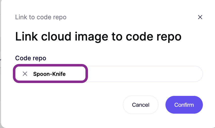 クラウドイメージを「Spoon-Knife」コードリポジトリにリンクするダイアログ。