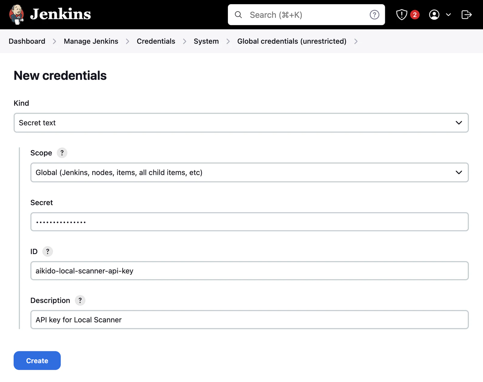 グローバルで使用する新しいシークレットテキスト認証情報を追加するJenkinsの画面。