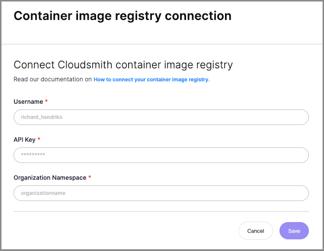 Cloudsmithコンテナイメージレジストリアカウントを接続・認証するためのフォーム。