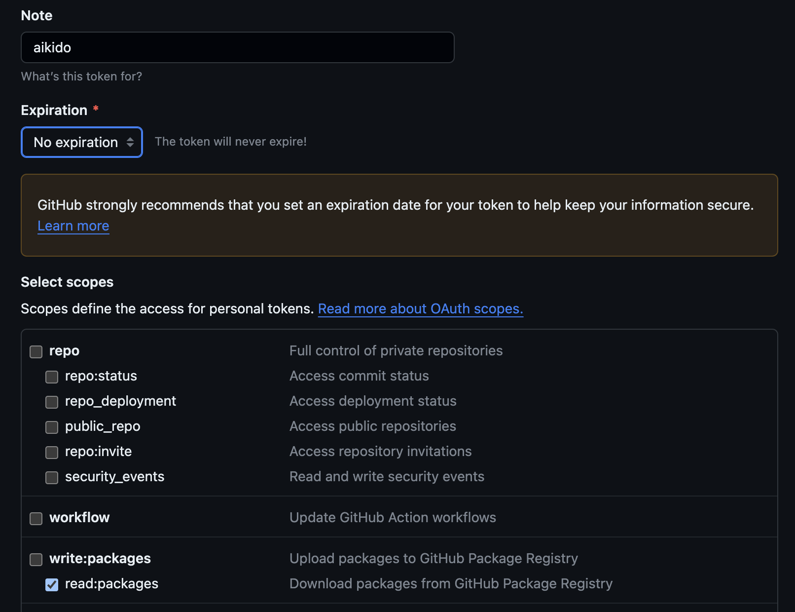 GitHubトークン作成画面: 有効期限なし、read packageアクセススコープが選択されている。