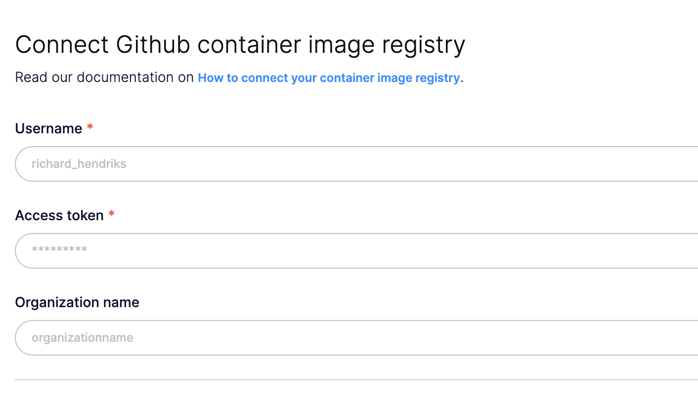 Githubコンテナイメージレジストリを接続・認証するためのフォーム。