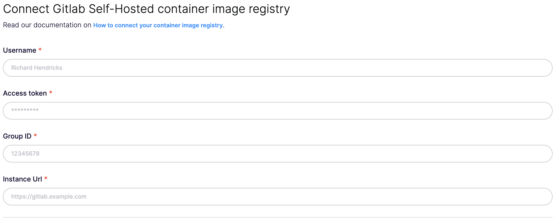 必要な認証情報とともにGitLabセルフホストコンテナイメージレジストリを接続するフォーム。