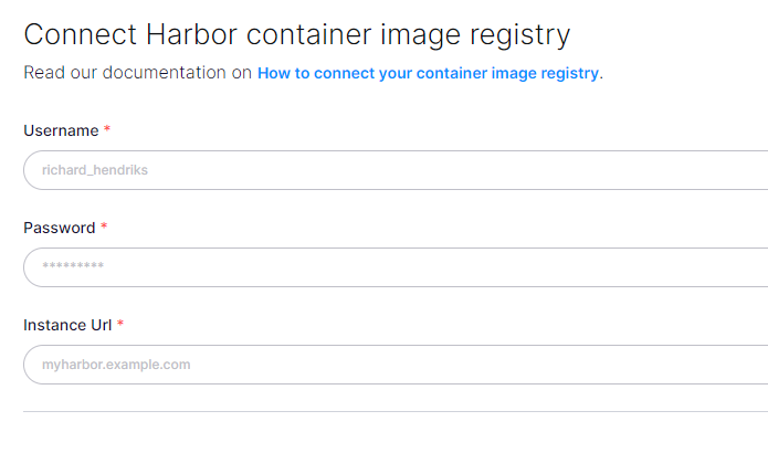 Harborコンテナイメージレジストリへの接続と認証を行うフォーム。
