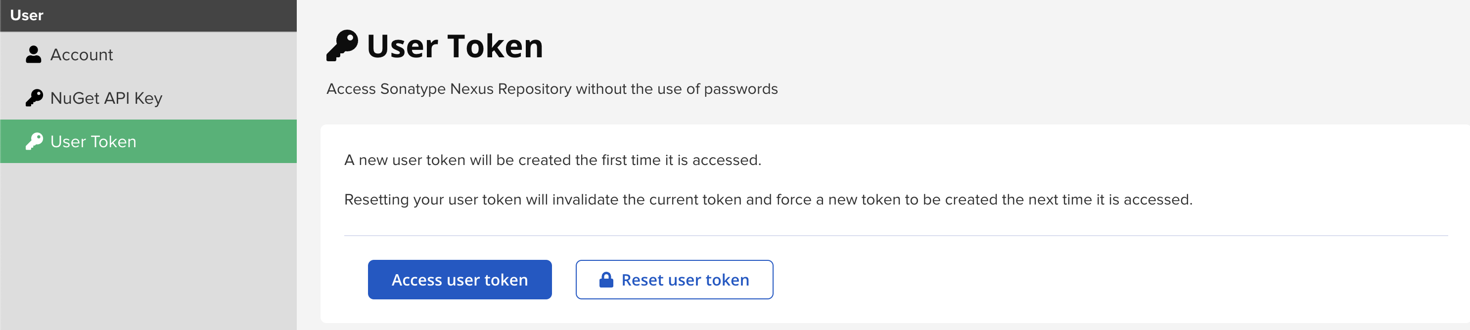 Sonatype Nexus Repositoryのトークンを生成・リセットするためのユーザートークン管理インターフェース。