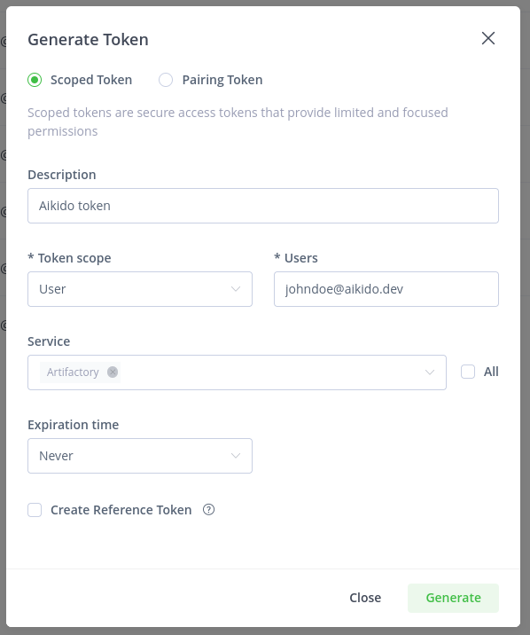 カスタム設定でスコープ付きユーザーアクセストークンを作成するGenerate Tokenウィンドウ。