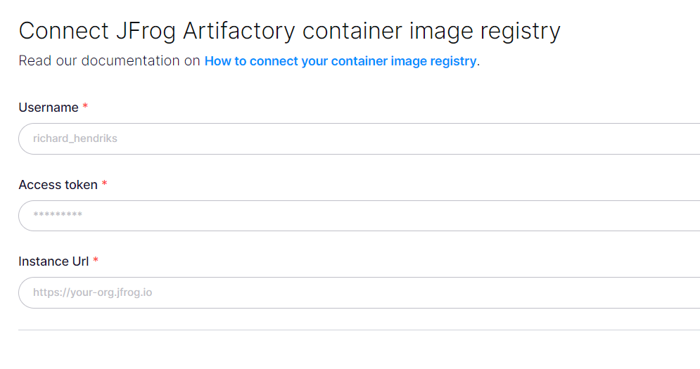 認証情報とURLを使ってJFrog Artifactoryコンテナイメージレジストリに接続するフォーム。