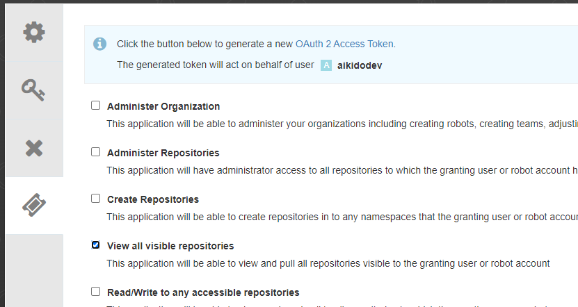 リポジトリ管理インターフェースにおけるユーザー「aikidodev」のOAuth 2アクセストークン権限選択画面。