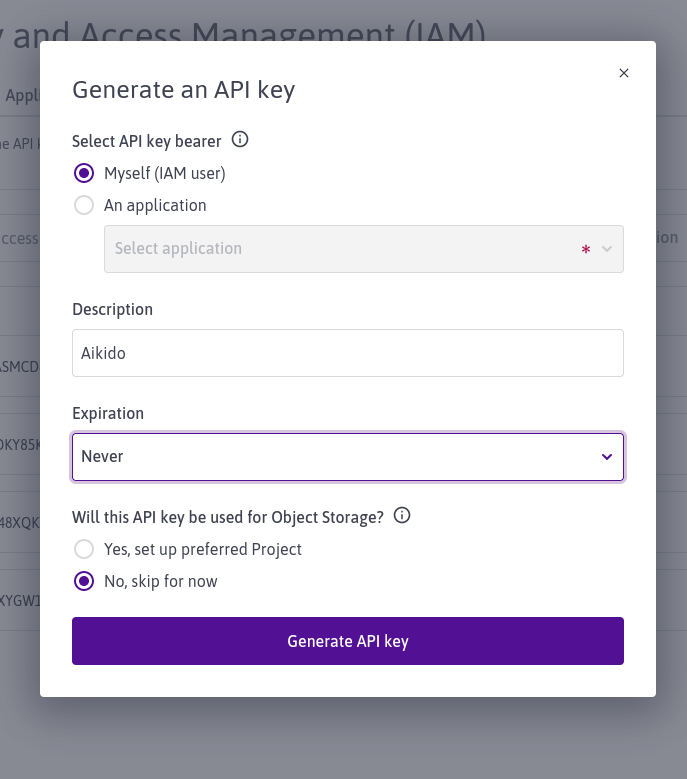 ユーザーオプションと有効期限設定を含むAPIキー生成フォーム。