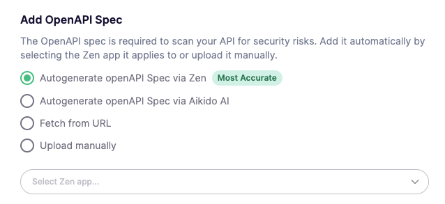 OpenAPI仕様を追加またはアップロードしてセキュリティリスクをスキャンする画面。ステージング専用。
