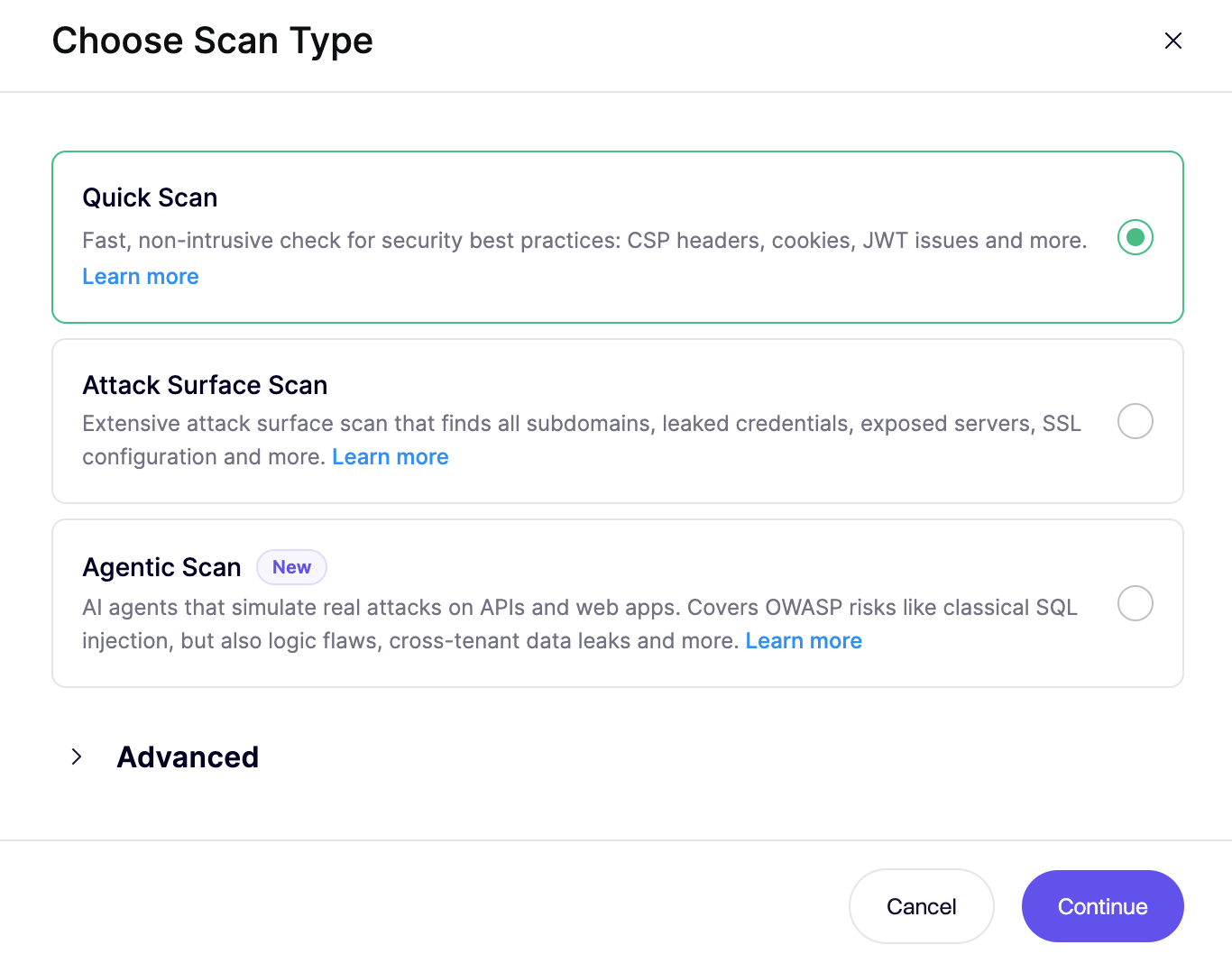 Quick Scan、Attack Surface Scan、Agentic Scanのオプションを持つスキャン種別選択モーダル。